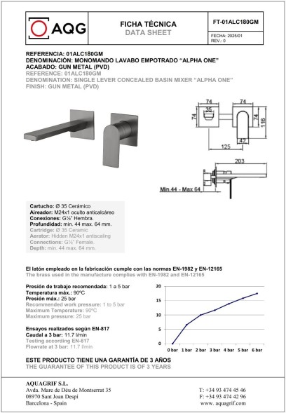 AQG Alpha Two, встраиваемый в стену однорычажный смеситель для раковины, цвет оружейная сталь (PVD)