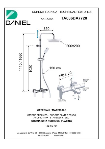 Daniel Tiara, душевая колонна регулируемая по высоте 111-166 см, c изливом и квадратным верхним душем 20х20 см, цвет хром