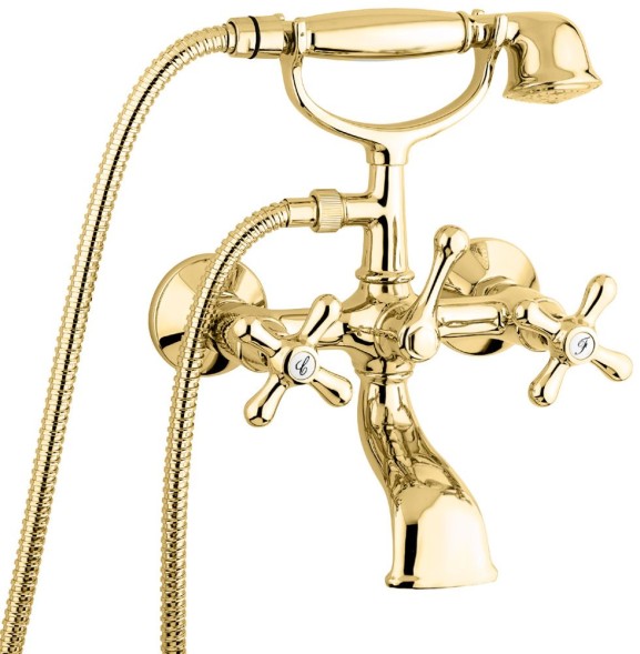Emmevi Deco Classic, двухвентильный смеситель для ванны (излив 14 см), с набором для душа, цвет золото 12011/OR