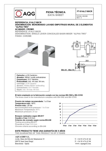 AQG Alpha Two, встраиваемый в стену однорычажный смеситель для раковины, цвет хром