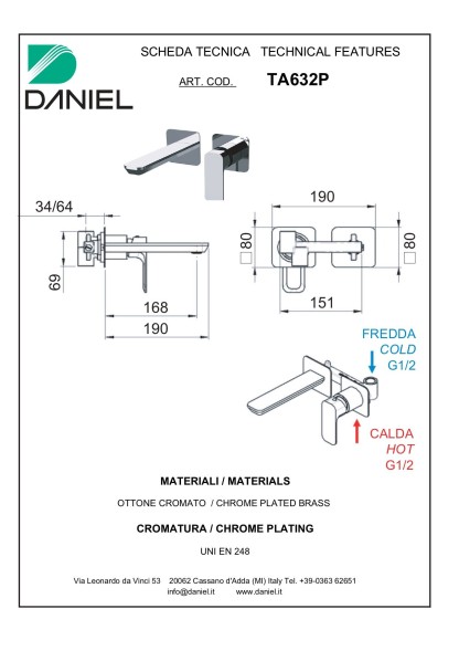 Daniel Tiara, встраиваемый в стену однорычажный смеситель для раковины (излив 16,8 см), цвет черный матовый