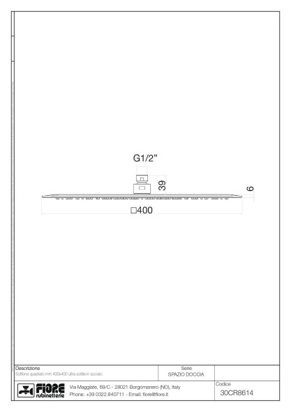 Fiore Shower, квадратный ультратонкий верхний душ 40х40 см, цвет хром