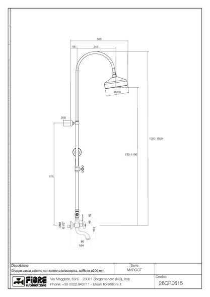 Fiore Margot, душевая колонна регулируемая по высоте 105-150 см: с верхним душем Ø20 см и смесителем с изливом, цвет бронза