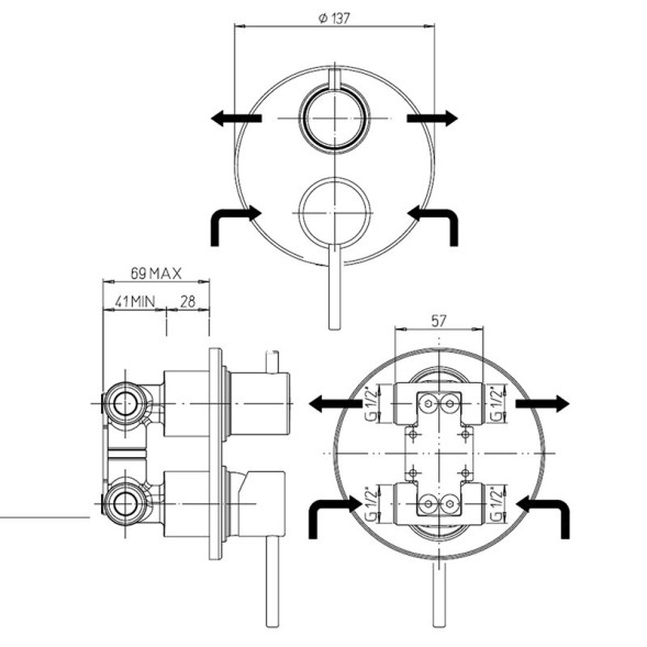 Paini 78PJ6911 Смеситель для душа Кокс с дивертором на 2 потребителя, встраиваемый, брашированное золото