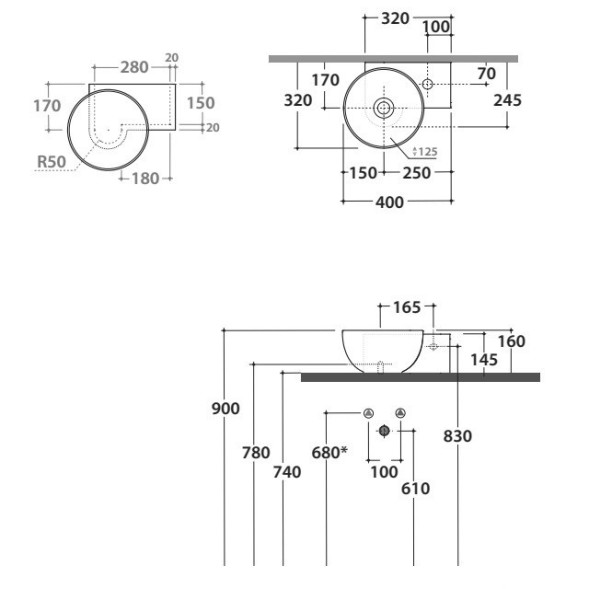 Раковина GLOBO T-EDGE подвесная или на столешницу с одним намеченным отверстием цвет белый TE040BI