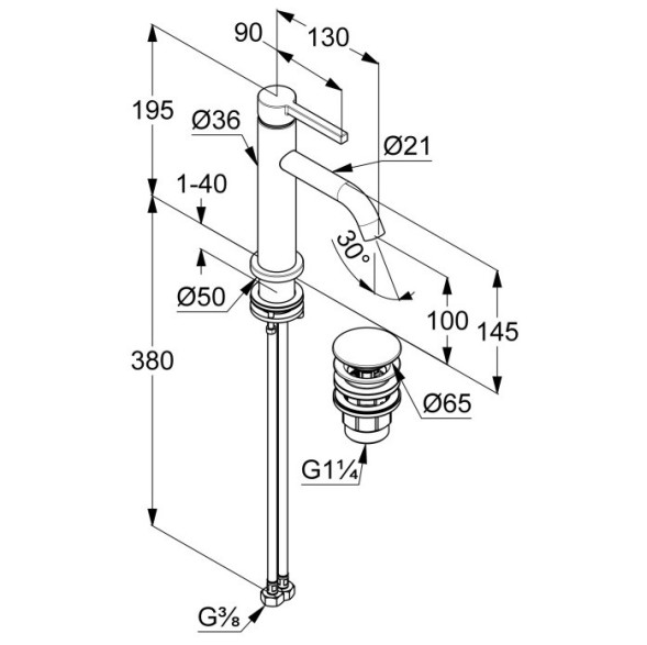 KLUDI NOVA FONTE Pura, однорычажный смеситель на умывальник 100, арт. 20288N215
