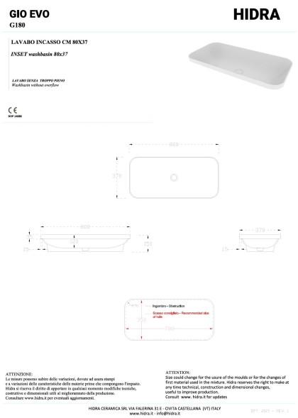 Hidra Gio,  встраиваемая прямоугольная раковина с закругленными краями 80x37x15h см, цвет белый глянцевый