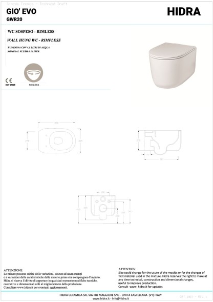 Hidra Gio, подвесной безободковый унитаз c крепежом, 55x36,5 см, антибактериальное покрытие, цвет белый матовый