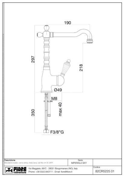 Fiore Imperiale Sky, однорычажный смеситель для раковины (излив 19 см), без донного клапана, цвет золото - Swarovski