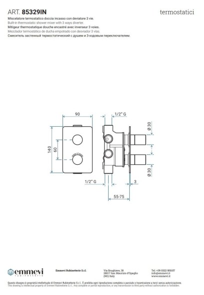 Emmevi Filoinox, однорычажный встраиваемый термостатический смеситель для душа с дивертером, на 3 выхода, из нержавеющей стали 85329/IN