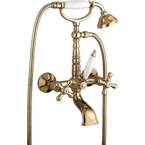 Emmevi Deco Old, 12611-1/BR, двухвентильный смеситель для ванны (излив 14 см), с набором для душа (лейка и дивертер с белой ручкой), цвет бронза   12611-1/BR