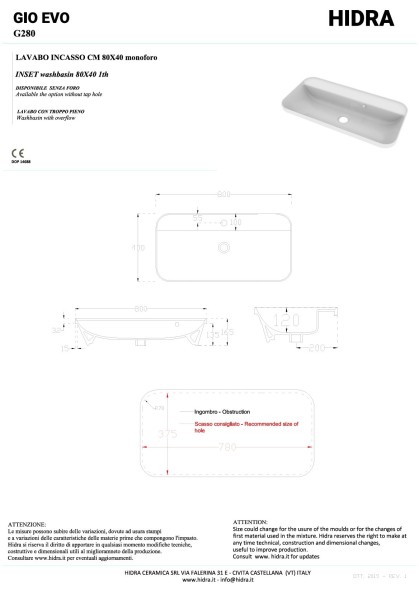 Hidra Gio,  встраиваемая прямоугольная раковина с закругленными краями 80x40x16,5h см, цвет белый глянцевый