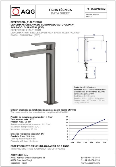 AQG Alpha, высокий однорычажный смеситель для раковины без донного клапана, цвет оружейная сталь (PVD)