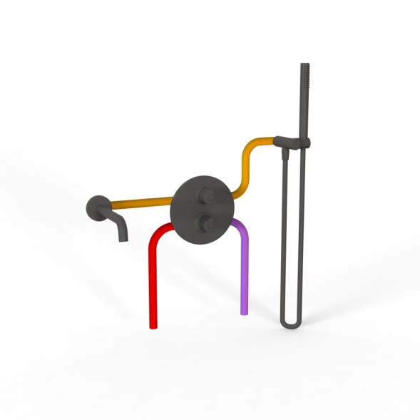 Paini 78PZSET26911THBATH Комплект для ванны Кокс на 2 потребителя, с термостатом, с лейкой для душа, встраиваемый, брашированный чёрный