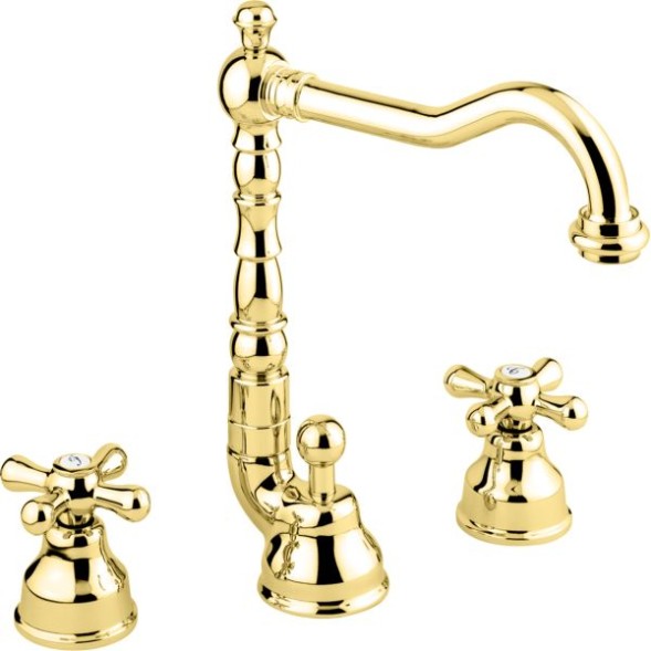 Emmevi Deco Old, двухвентильный смеситель для раковины (излив 18,3 см), на 3 отверстия, с донным клапаном, цвет золото 12643/OR