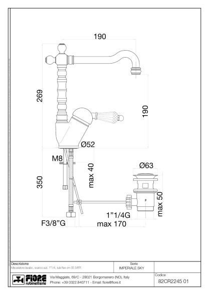 Fiore Imperiale Sky, однорычажный смеситель для раковины (излив 19 см), с донным клапаном, цвет хром - Swarovski