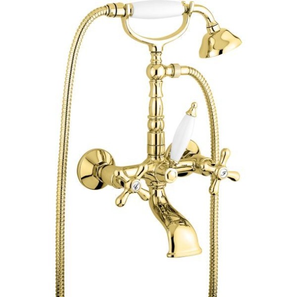 Emmevi Deco Old, 12611-10/OR, двухвентильный смеситель для ванны (излив 14 см), с набором для душа (лейка и дивертер с белой ручкой), цвет золото   12611-10/OR