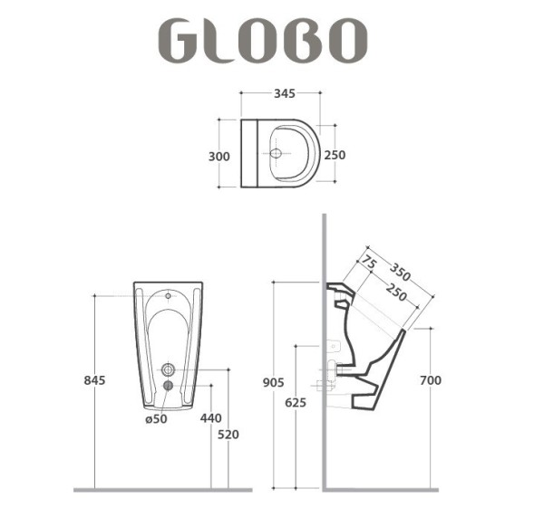 Писсуар GLOBO FORTY3 подвесной с подводкой воды сифоном и креплением цвет белый FO031BI