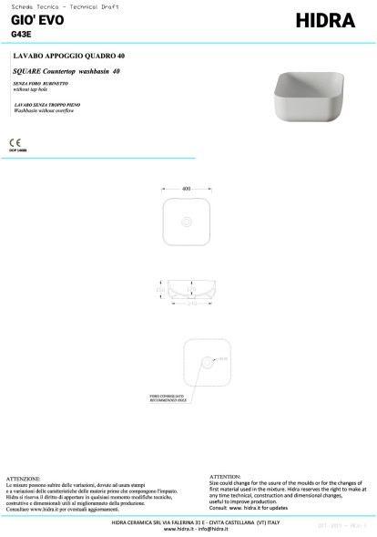 Hidra Gio, накладная квадратная раковина 40х40х15h см, цвет белый глянцевый