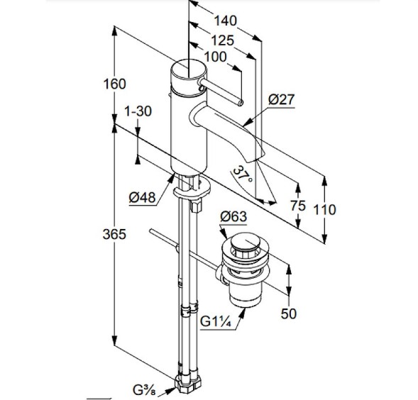 Смеситель KLUDI BOZZ для раковины на одно отверстие однорычажный с донным клапаном для безнапорных водонагревателей 382770576