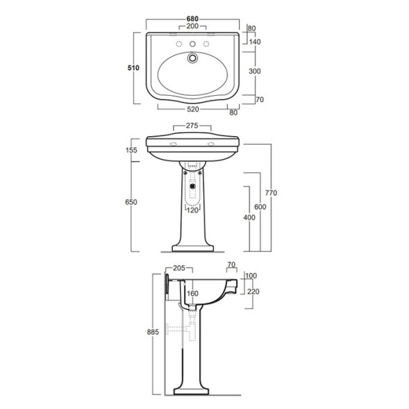 Раковина SIMAS LONDRA подвесная на пьедестал с тремя отверстиями цвет белый LO924.3