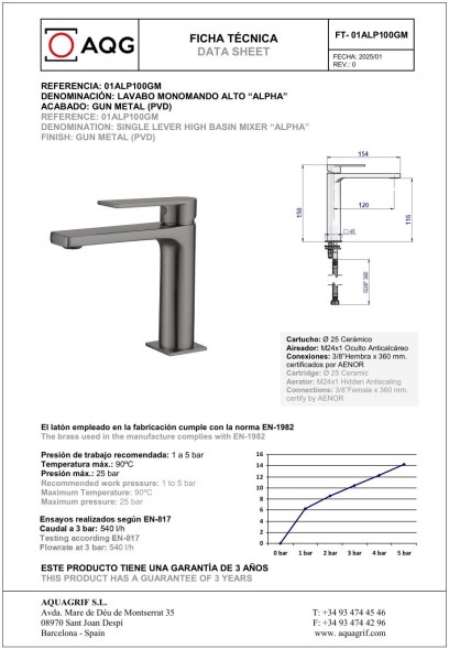 AQG Alpha, однорычажный смеситель для раковины без донного клапана, цвет оружейная сталь (PVD)