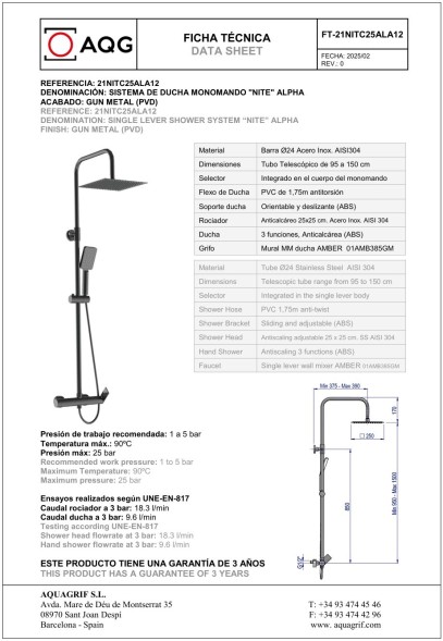 AQG Alpha, душевая колонна регулируемая по высоте 95-150 см, cо смесителем и квадратным верхним душем 25х25 см, цвет оружейная сталь (PVD)