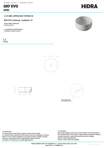 Hidra Gio, накладная круглая раковина Ø42х15h см, цвет белый матовый