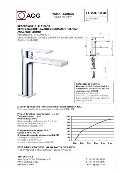 AQG Alpha, однорычажный смеситель для раковины без донного клапана, цвет хром