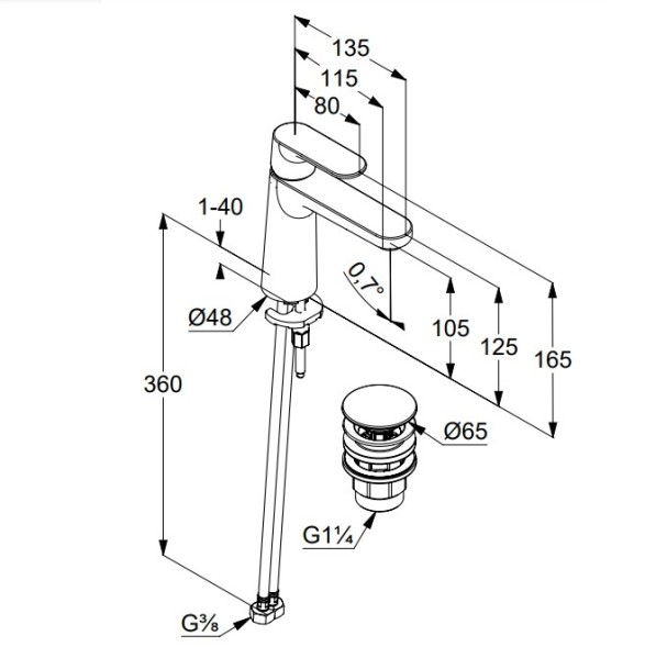 Смеситель KLUDI LOUVA 242880575 для раковины на одно отверстие однорычажный с донным клапаном