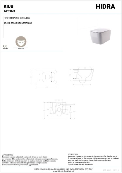 Hidra Kiub, подвесной безободковый унитаз c крепежом, 54x36,5 см, антибактериальное покрытие, цвет белый матовый