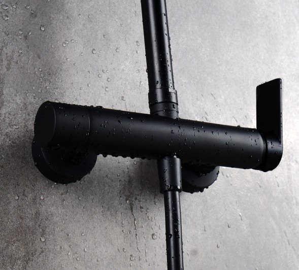 AQG Alpha, душевая колонна регулируемая по высоте 95-150 см, cо смесителем и квадратным верхним душем 25х25 см, цвет черный матовый