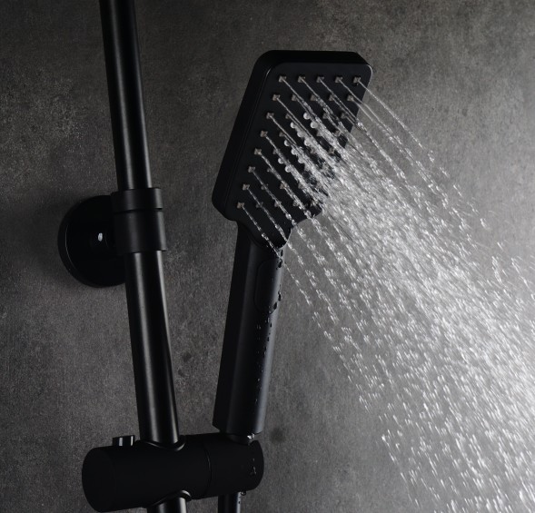 AQG Alpha, душевая колонна регулируемая по высоте 95-150 см, cо смесителем и квадратным верхним душем 25х25 см, цвет черный матовый