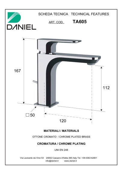 Daniel Tiara, однорычажный смеситель для раковины (излив 12 см), с донным клапаном, цвет хром