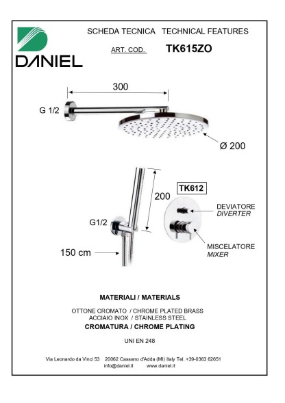 Daniel Tokyo, душевой комплект на 2 потребителя, с кронштейном 30 см и круглым верхним душем 20 см, цвет розовое золото