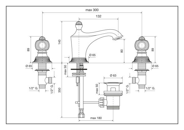 Emmevi The One Cloe, смеситель 98033SW для раковины на 3 отверстия. Металлические ручки + прозрачные кристаллы, цвет хром 98033SW/CR