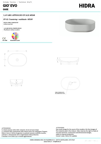 Hidra Gio, накладная овальная раковина 60x40x15h см, цвет белый глянцевый