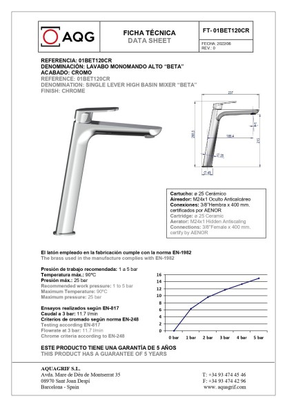 AQG Beta, высокий однорычажный смеситель для раковины без донного клапана, цвет хром