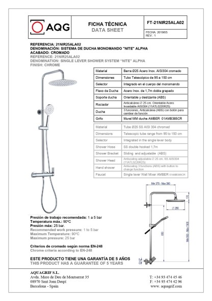 AQG Alpha, душевая колонна регулируемая по высоте 95-150 см, cо смесителем и круглым верхним душем 25 см, цвет хром