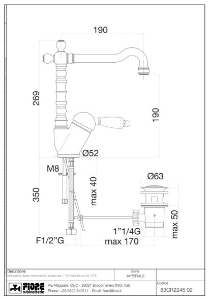 Fiore Imperiale, однорычажный смеситель для раковины (излив 19 см), с донным клапаном, цвет золото