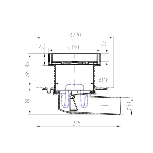 Paini Душевой трап с решеткой под плитку 150х150 мм