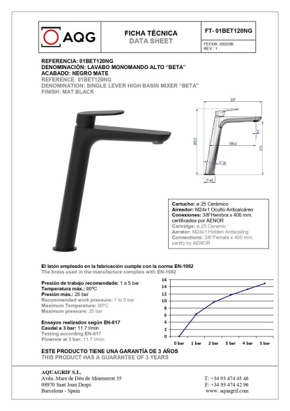 AQG Beta, высокий однорычажный смеситель для раковины без донного клапана, цвет черный матовый