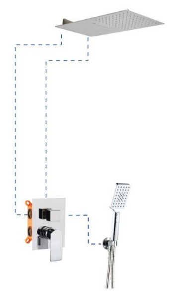 AQG Alpha, душевой комплект EC316 на 3 потребителя, с квадратным изливом, с квадратным верхним душем 25х25 см и кронштейном 35 см, цвет матовое золото
