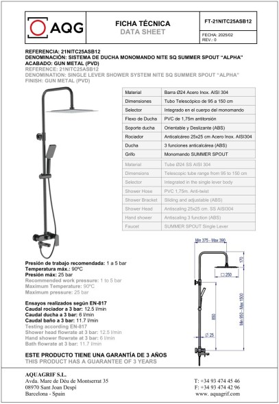 AQG Alpha, душевая колонна регулируемая по высоте 95-150 см: со складным изливом и квадратным душем, оружейная сталь (PVD)