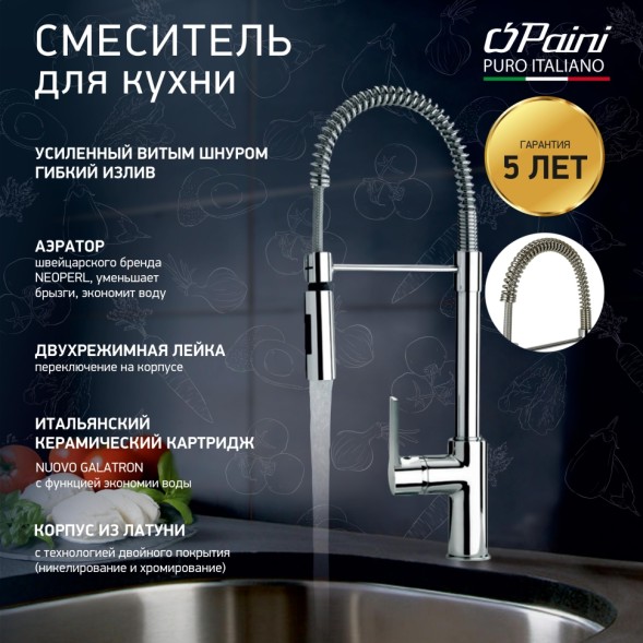 Paini Смеситель для кухни Le Mans гибкий излив, хром (CR)