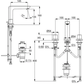 Смеситель KLUDI AMEO 413930530 для раковины на три отверстия двухвентильный