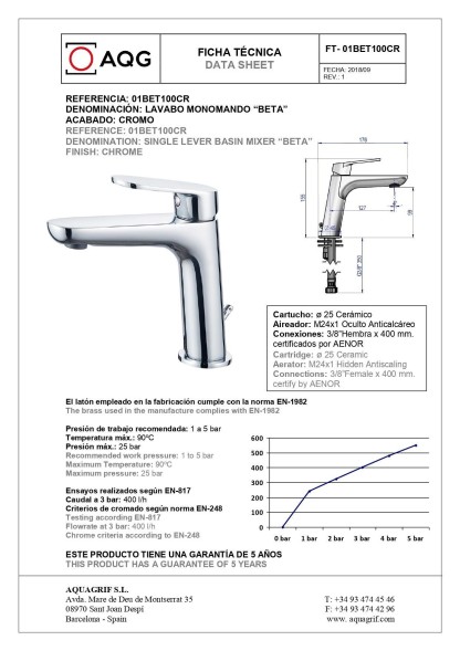AQG Beta, однорычажный смеситель для раковины без донного клапана, цвет хром