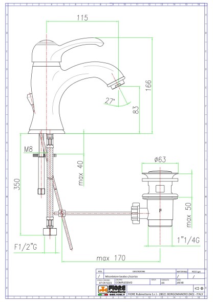 Fiore Jafar, однорычажный смеситель для раковины (излив 11,5 см), с донным клапаном, цвет золото