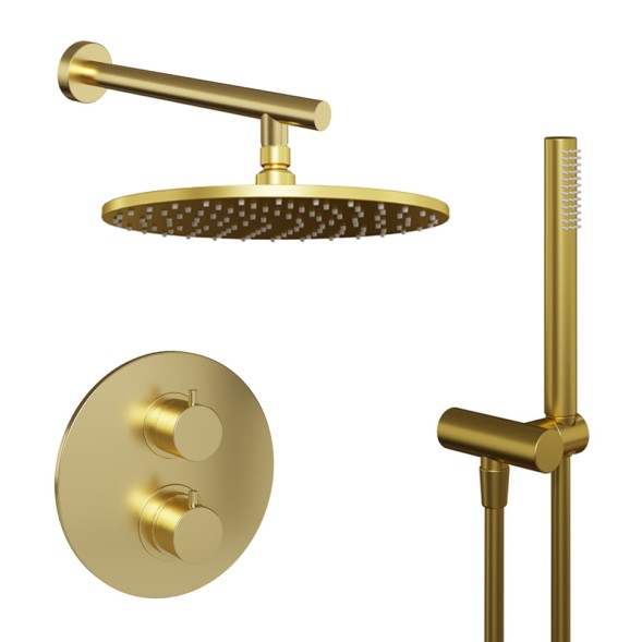 Paini 78PJSET26911THSH Комплект для душа Кокс на 2 потребителя, с термостатом, с лейкой для душа и верхним душем, встраиваемый, брашированное золото