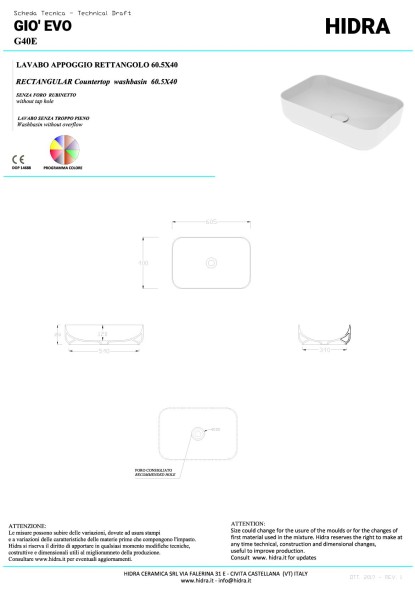 Hidra Gio, накладная прямоугольная раковина с закругленными краями 60,5x40x15h см, цвет белый матовый